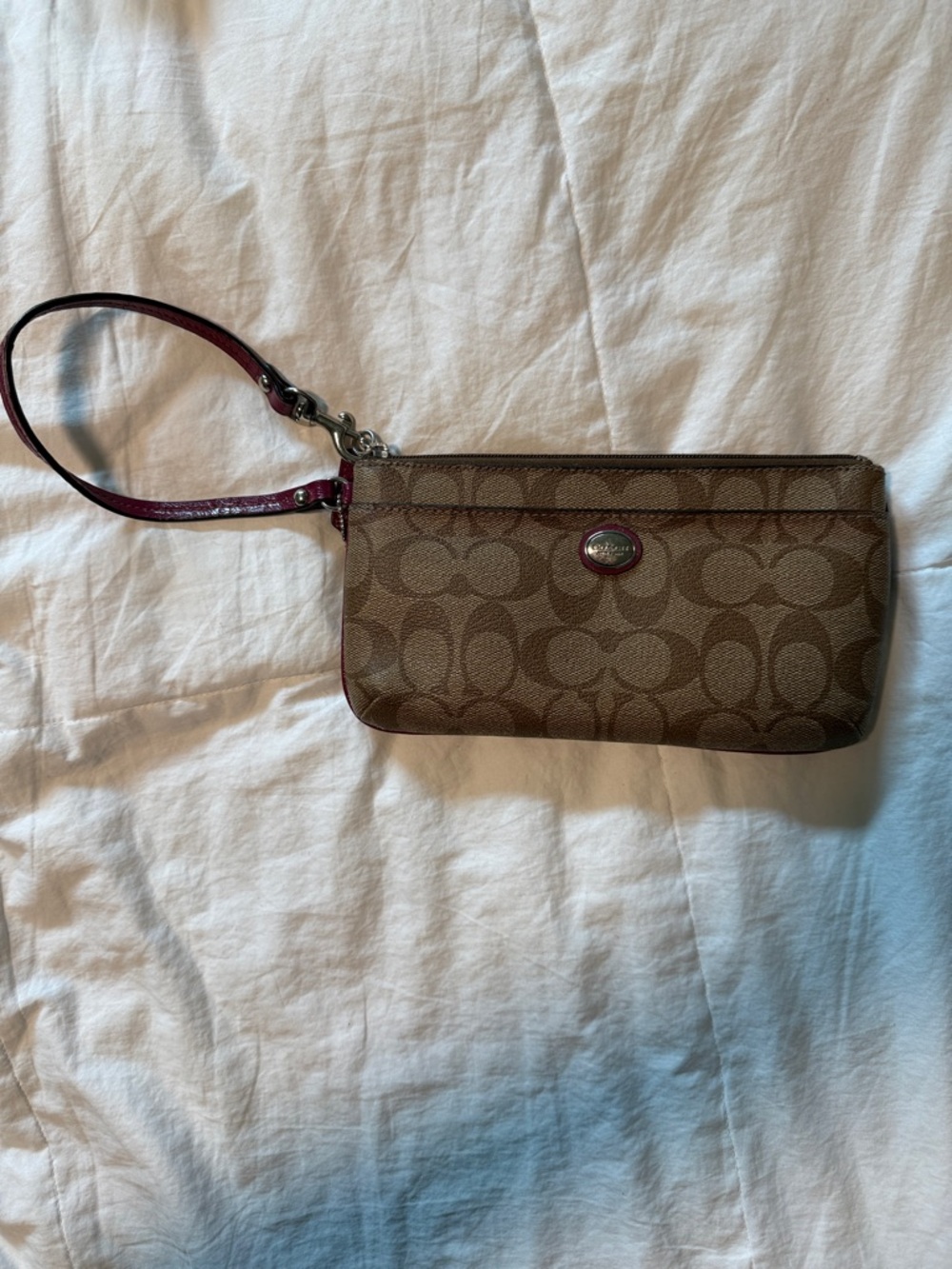 Coach Brown Signature Canvas Wristlet with Burgundy Trim